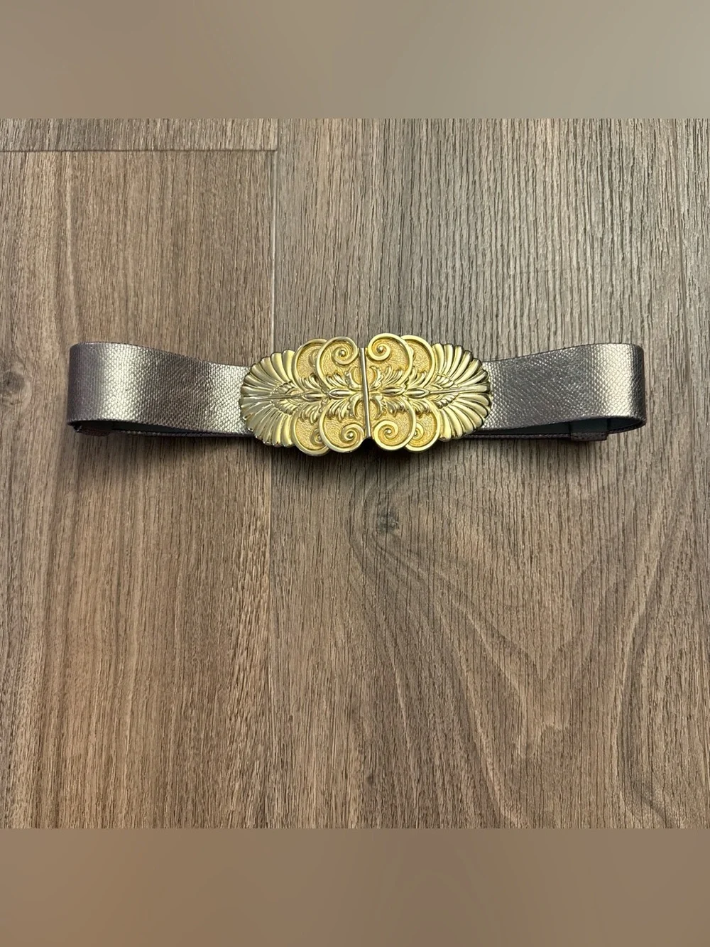 Vintage Metallic Gray alexis Kirk Belt with Gold Ornate Buckle
